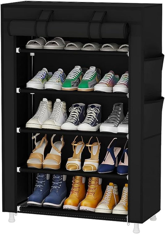 Calmootey 5 Tier Shoe Rack Organizer,Portable Shoe Shelf with Nonwoven Fabric Cover for Closet Hallway,Bedroom,Entryway,Black-NeatNest