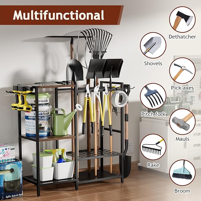 Garden Garage Tool Organizer - with 3-tier Shelves, Yard Tool Organizer for Garage with 4 Hooks, Heavy duty Steel Garden Tool Rack Holds up to 48 Long Handled Yard tools for Storage