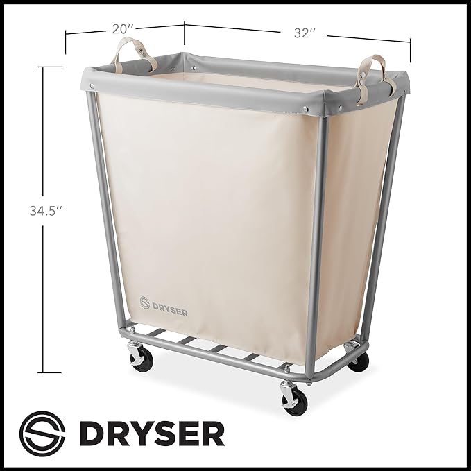 Dryser Large Commercial Heavy-Duty Rolling Laundry Hamper, Steel Frame Cart on Wheels with Removable Canvas Bin for Hotel or Home - White