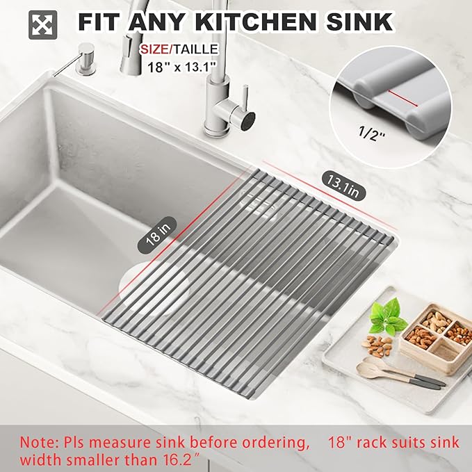 MERRYBOX Roll Up Dish Drying Rack, Silicone Wrapped Over The Sink Dish Rack Foldable Dish Drainer Anti-Slip Dish Racks for Kitchen Counter, Multipurpose Kitchen Sink Drying Rack, 18" x 13", Light Gray