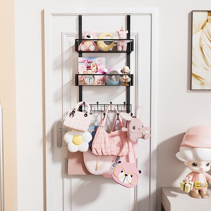 HapiRm Over The Door Hanger with Coat Hooks and 2 Baskets, Rustproof & Waterproof Over The Door Hooks, Storage Organizer for Hats, Bathroom, Kitchen, Bedroom-Black (for 1.76in Doors)