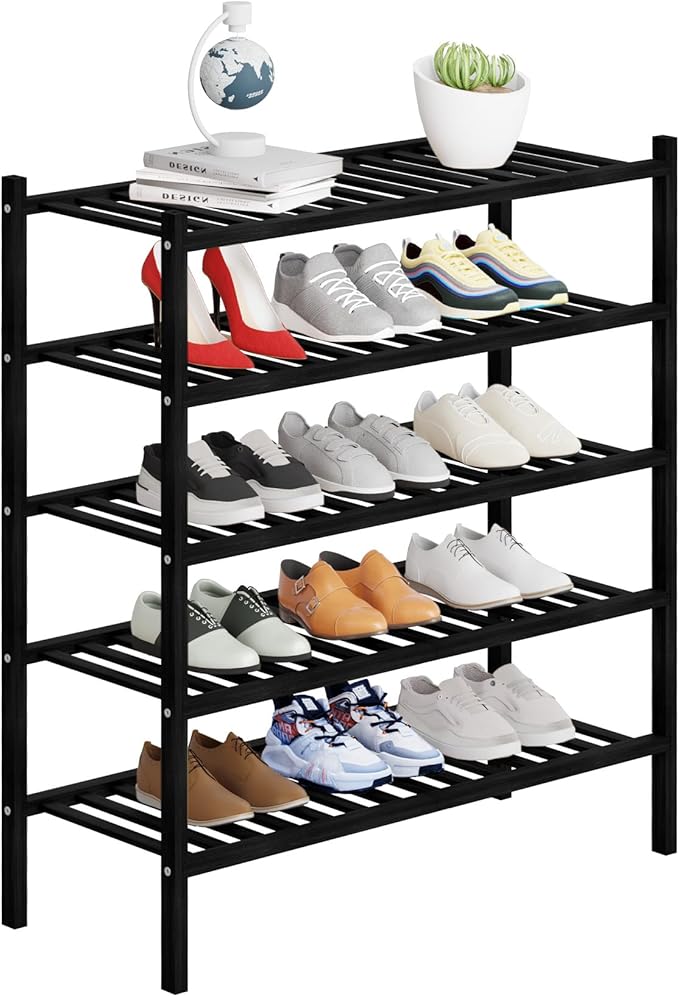 5 Tier Bamboo Shoe Rack Storage Organizer for Closet, Multifunctional Stackable Free Standing Shoe Shelf Organizer for Small Space,Entryway, Hallway, Bathroom27 x11 x32 (Black, 5 Tier)-NeatNest