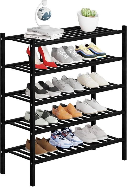 5 Tier Bamboo Shoe Rack Storage Organizer for Closet, Multifunctional Stackable Free Standing Shoe Shelf Organizer for Small Space,Entryway, Hallway, Bathroom27 x11 x32 (Black, 5 Tier)-NeatNest