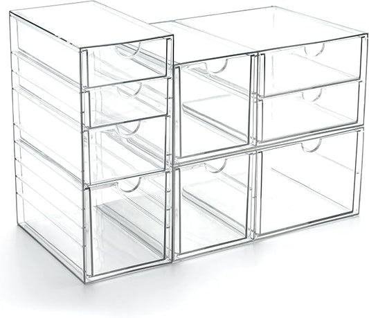 Prsildan Acrylic Drawer Makeup Organizer with 9 Drawers, Set of 3 Office Desk Organizers Accessories, Clear Stackable Storage Drawers for Vanity, Countertop, Craft, Jewelry, Art Supply Organization-NeatNest