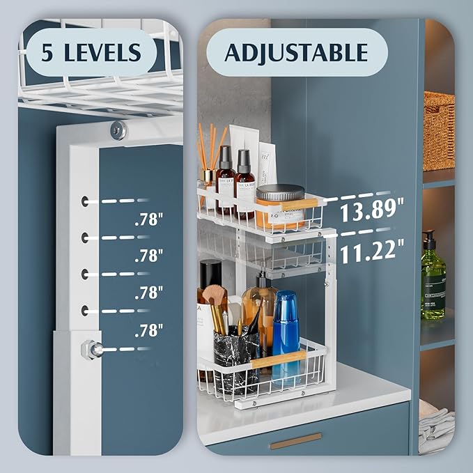 2 Pack Under Sink Organizers and Storage, Height Adjustable Cabinet Organizer Pull Out Drawer, 2 Tier Metal Under Kitchen Bathroom Sink Organizer, White, VF-JT01-WH-NeatNest