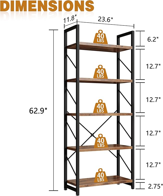 Bookshelf, 5 Tier Bookshelves, Home Office Bookcase Shelf Storage Organizer, Free Standing Storage Shelving Unit for Bedroom, Living Room and Home Office,Rustic Brown-NeatNest