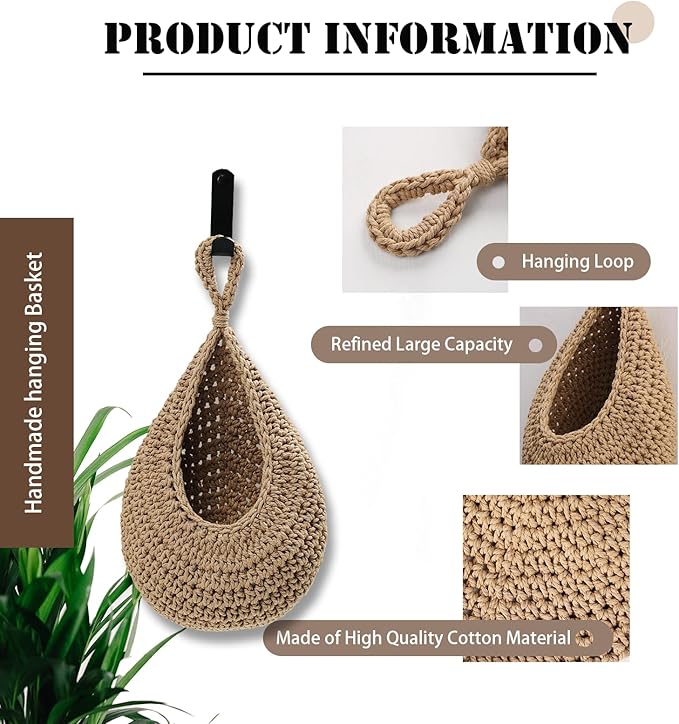 Hanging Fruit Basket Set of 3, Boho Wall Hanging Storage Basket for Organizing, Handmade Teardrop Hammock Holder for Fruit Vegetable in Home & Restaurant Kitchen with Hooks, Light Flaxen