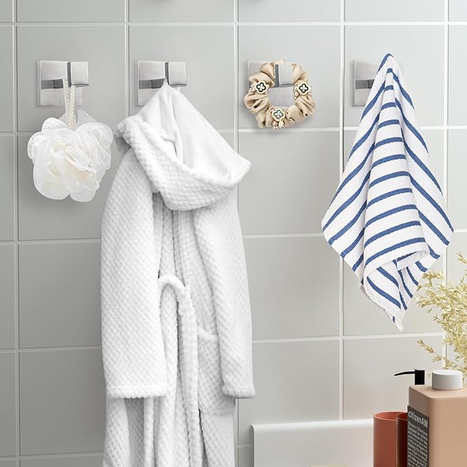 IBosins 4 Pack Towel Hooks Hand Towel Holder for Bathroom Wall Livingroom Bedroom Kitchen Closet Heavy Duty Stainless Steel Hook Hanger for Robe, Bath Towel, Coat (Square Brushed Silver)
