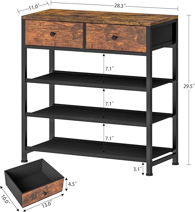 usikey Shoe Rack, 4 Tier Shoe Storage Organizer with 2 Drawers, Metal Shoe Shelf for 9-12 Pairs of Shoes, with 3 Fabric Shelves and Wooden Top, Shoe Stand for Closet Entryway, Rustic Brown-NeatNest