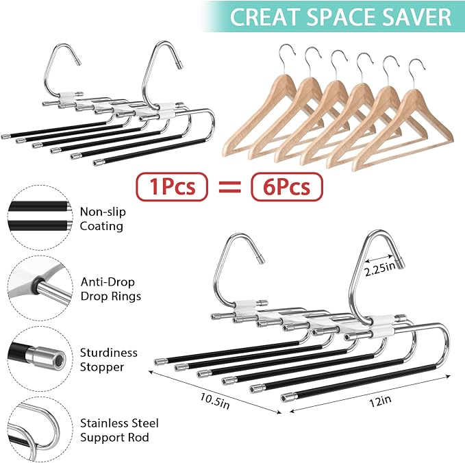 Upgrade 6 Layers Pants Hangers Space Saving, 2Pack Stainless Steel Multifunctional Rack Non Slip S-Type Clothes Jean Hanger Closet Organizer for Jeans Leggings Trousers Skirts Scarf, White-NeatNest