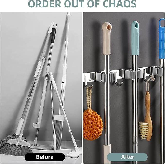 Mop and Broom Holder Wall Mount, Stainless Steel Broom Mop Hanger, Wall Mounted Garden Tool Rack Organizer for Garage Closet Laundry Room Kitchen Decor (3 Racks with 4 Hooks, Silver)-NeatNest