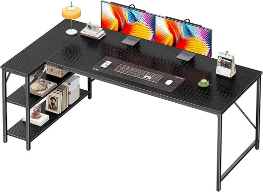 Huuger L Shaped Desk, 63 Inches Computer Desk with Reversible Storage Shelves, Gaming Corner Home Office Writing Study, Metal Frame, Black-NeatNest