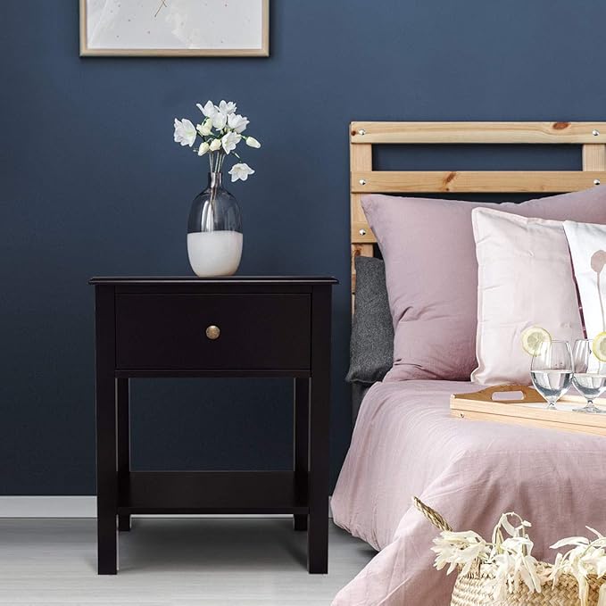 Giantex Nightstand Set of 2, 2-Tier End Table with Drawer and Open Storage Shelf, Modern Bedside Tables, Wooden Side Table Night Stand for Bedroom, Dorm, Small Spaces, Easy Assembly, Espresso