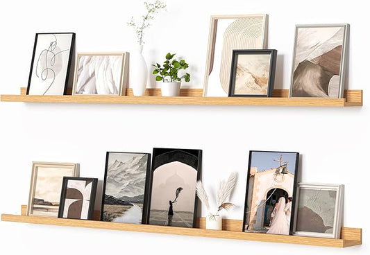 Heimlove Picture Ledge Shelf, Floating Shelves Set of 2, 56 Inches Picture Shelf for Wall with Ledge, Kids Bookshelf Wall Mounted for Living Room Bedroom Decor Books Photo Frames, Natural Oak-NeatNest