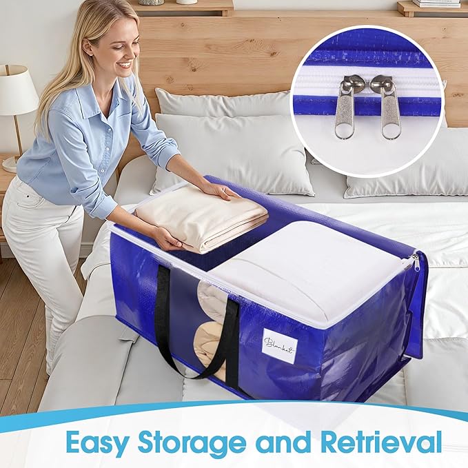 BlissTotes 8 Pack Moving Bags with Clear Window, Storage Bags with Strong Carrying Handles & Zippers,Large Packing Bags for Saving Space, Alternative to Moving Boxes(Blue,33 Gallon)-NeatNest