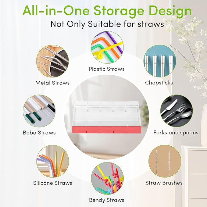 Clear Acrylic Straw Holder for Cabinet Door - Reusable Straw Organizer with Adhesive Backing, Space-Saving Kitchen Storage for Counter/Cupboard (Large, Transparent)-NeatNest