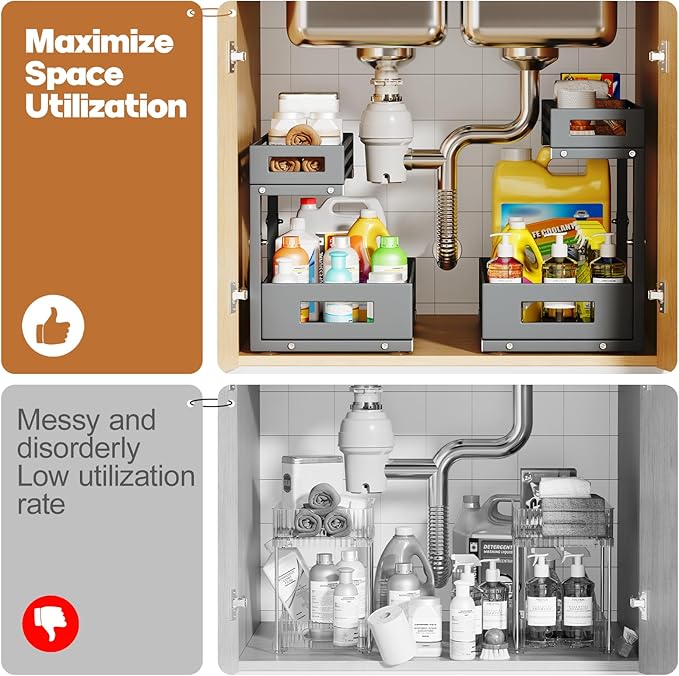 1-Pack Under Sink Organizers and Storage,2-Tier L Shape Pull Out Cabinet Organizer With Round Tube Slide Rails,Hight Adjustable Slide Out Drawers for Kitchen&Bathroom,Multi-Purpose Storage Shelf-Gray-NeatNest