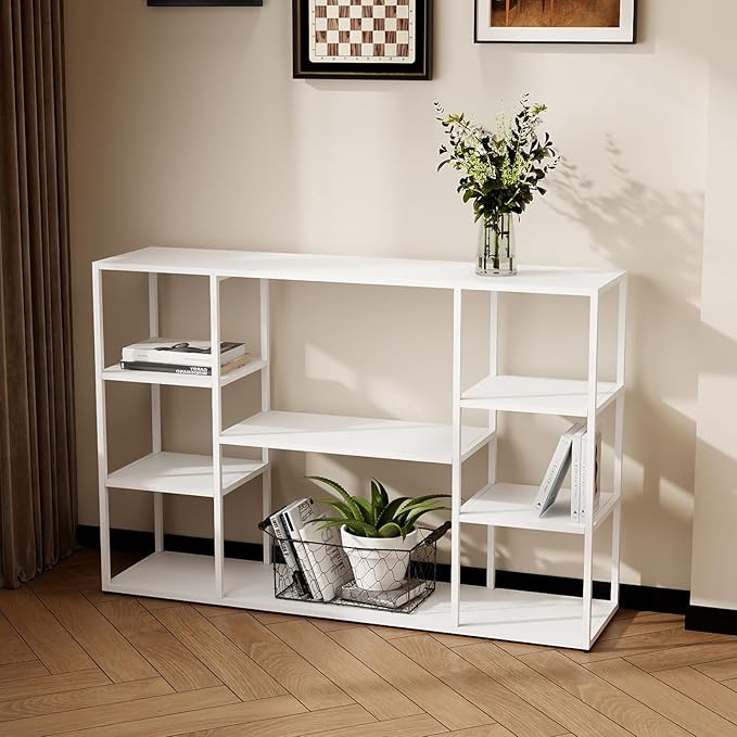 47 Inch Metal Console Table with 8 Storage Shelves,Extra Long Entryway Table,Narrow Sofa Table,Hallway Table for Entrances to Corridor,Foyer,Living Room (White, 47.24×11.81×31.5in)-NeatNest