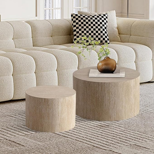 Round Nesting Coffee Table Set of 2, Modern Coffee and End Table Set Small Circle Wooden Drum Side Table Accent End Tables for Living Room Office, No Assembly,Travertine Large