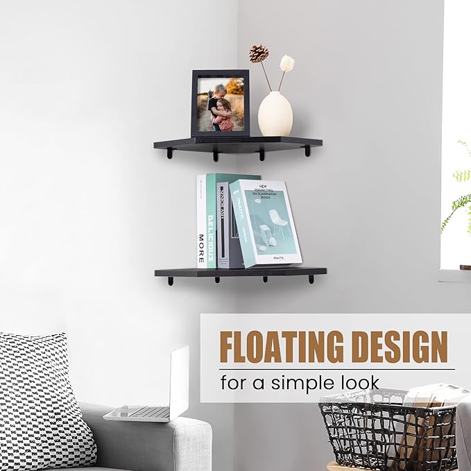 Corner Shelf Wall Mount, Floating Corner Shelves, Set of 2 Corner Wall Shelf Organizer, Rustic Wood Wall Storage Display Shelves for Living Room Bedroom Bathroom Kitchen, Classic Black-NeatNest