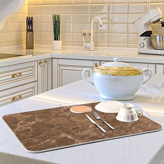 Brown Marble Texture Absorbent Dishes Drainer/Rack Mat for Countertop Small Size 16 x 18, Microfiber Dish Drying Pads Kitchen Counter Draining Pad-NeatNest