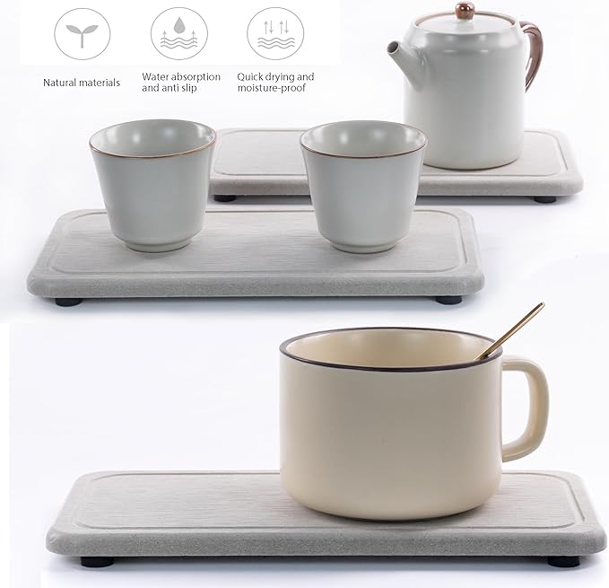 2 Pcs Water Absorbing Stone Trays, Kitchen/Bathroom Sink Soap Dish, Diatomite Tray Used for Hand Soap & Cosmetic Bottles in The Modern Home, 4" W x 8.3" L, Gray-NeatNest