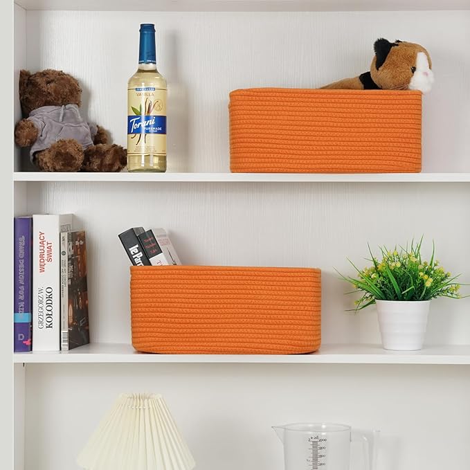 3-Pack Small Storage Baskets for Organizing | Woven Shelf Toy Basket | Rope Baskets for Gifts Empty | Closet Organizer Bins with Handles | Cube Decorative Box | 11.8×7.8×5.1” | Orange-NeatNest