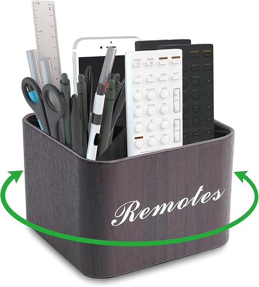 Hennaja Square Leather Art Supply Organizer,Remote Control Holder with Removable Dividers,360°Rotatable Pencil Holders,4 Compartments Organizer for Office Supplies Storage Box(1-Dark Brown)-NeatNest