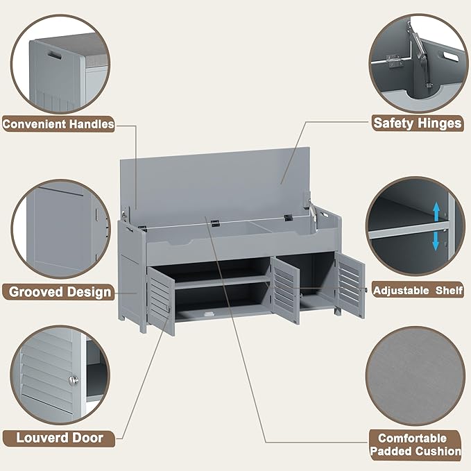 ChooChoo 41.3" Shoe Storage Bench with Lift Top Storage, Entryway Bench with Cushioned Seat, Adjustable Shelf, Shoe Cabinet with Hidden Space, for Entryway, Bedroom, Living Room, Grey-NeatNest