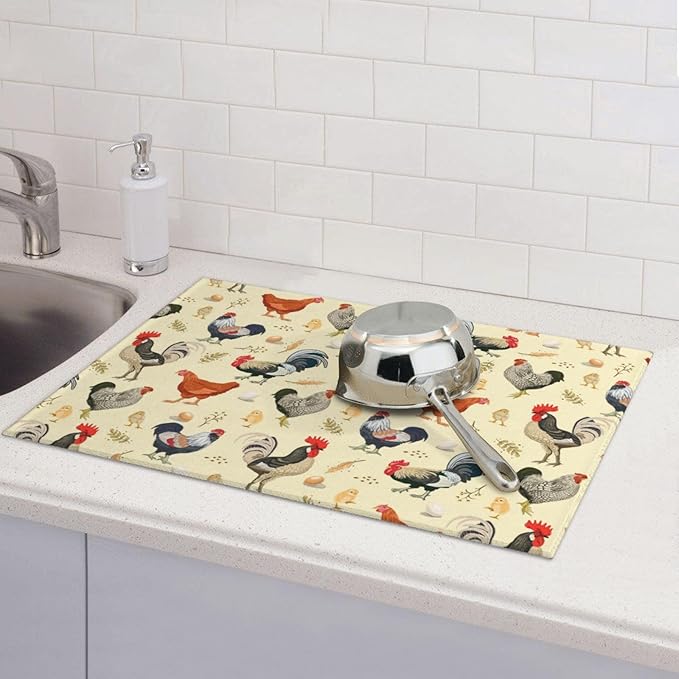 Chicken Dish Drying Mat for Kitchen Counter Cute Kitchen Mat Microfiber Kitchen Countertop Absorbent Reversible Drainer Rack Pad Dish Drying Mat 18 x 24 Inch-NeatNest