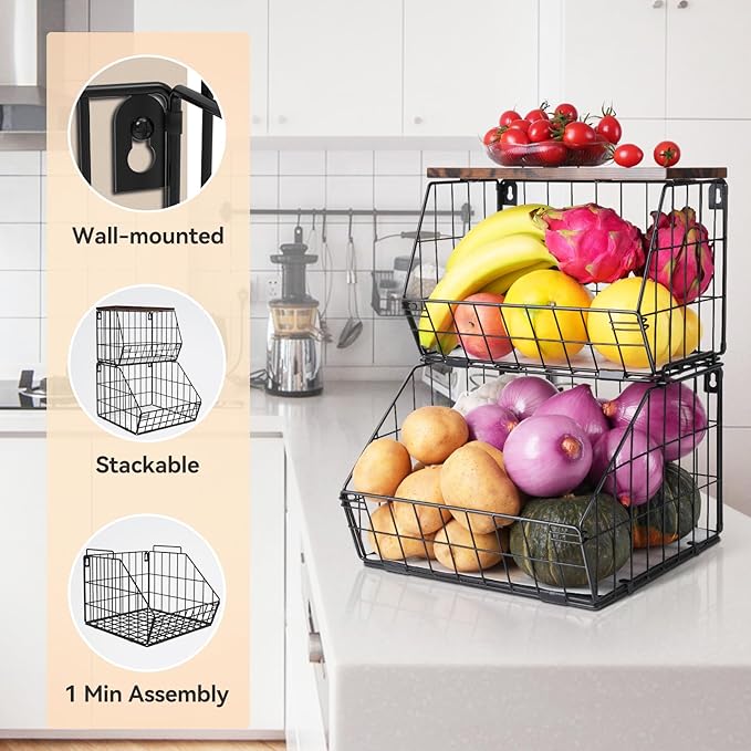 2 Tier Stackable Wall Mounted Hanging Basket, Fruit Basket for Kitchen Counter, Storage Bin with Wood Lid, Onion Storage, Fruit and Vegetable Storage, Countertop Organizer