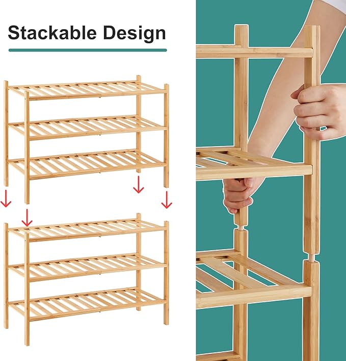 6-Tier Bamboo Shoe Rack for Entryway, Stackable | Foldable | Natural, Shoe Organizer for Hallway Closet, Free Standing Shoe Racks for Indoor Outdoor-NeatNest