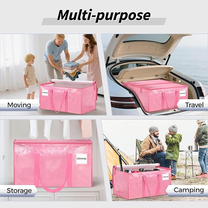 16 Pack Extra Large Heavy Duty Moving Bags, Pink Storage Bins with Lids, Reinforced Handles & Heavy-Duty Zippers Moving Boxes Storage Bags Totes for Clothes Packing, Dorms, College Supplies, Pink