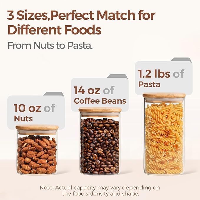 ComSaf Airtight Glass Storage Canister with Lids (0.7Qt/1.2Qt/1.6Qt) Set of 6, Food Storage Container Kitchen Pantry Storage Jar, Glass Jars for Flour Cereal Sugar Tea Coffee Beans Snacks, Square-NeatNest