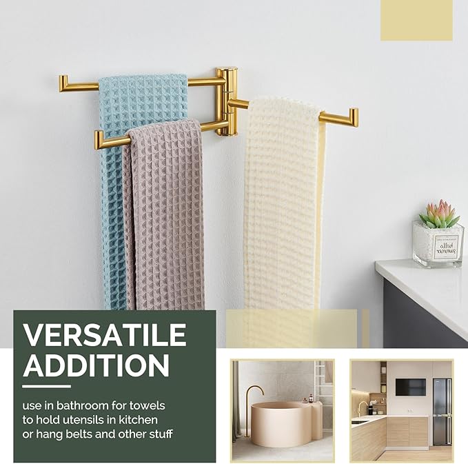 Angle Simple Swivel Hand Towel Rack, SUS 304 Stainless Steel Foldable 3 Towel Holder Bars for Bathroom Kitchen, Brushed Gold