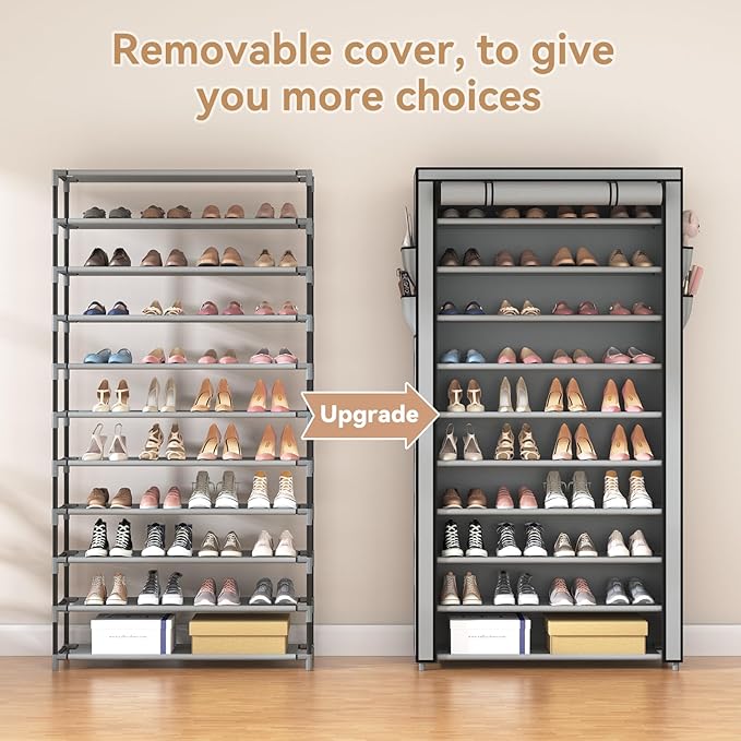 ROJASOP Shoe Rack with Covers, Stackable 10 Tier Tall Shoe Shelf Storage 50-55 Pairs Shoes and Boots Large Capacity Vertical Shoe Rack Organizer for Closet Entryway Garage Bedroom, Grey-NeatNest
