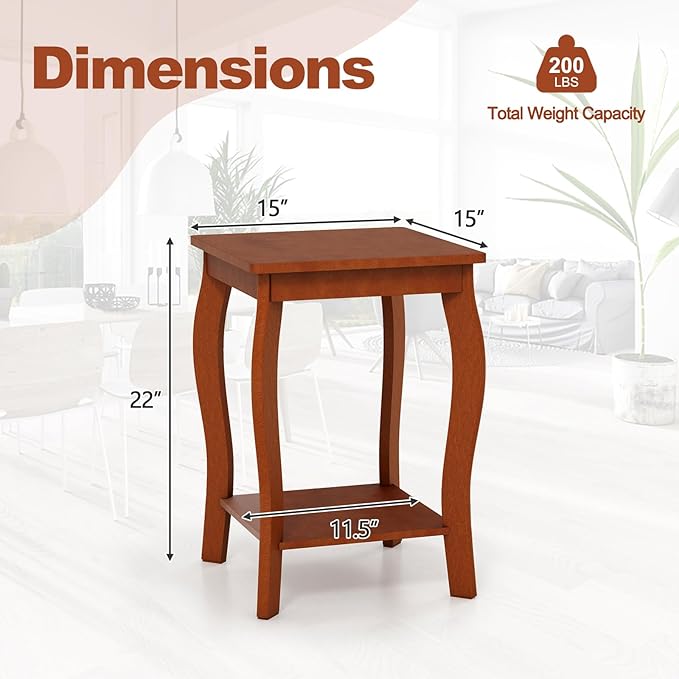 GOFLAME 2-Tier Square End Table Set of 2, Mid-Century Modern Sofa Side Table with Storage Shelf, Solid Wood Legs, Compact Accent Table, Nightstand for Living Room, Bedroom, Small Space, Walnut