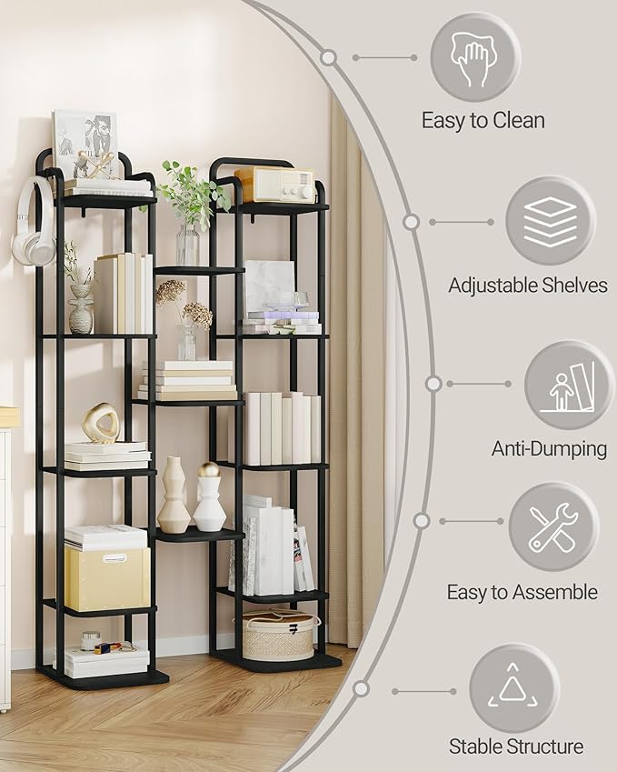 8 Tiers Vertical Shoe Rack, Narrow Shoe Tower, Tall Shoes Shelf with 2 Hooks, Adjustable Shelves, Corner Shoes Shelves for Small Spaces, Entryway, Living Room, Black SR04304B-NeatNest