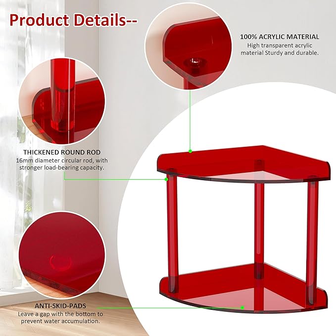 2 Tier Countertop Corner Organizer Shelf 7x7x8 Inch, Red Acrylic Bathroom Corner Shelf for Countertop, Vanity Storage for Skincare, Cosmetics, Perfume-NeatNest
