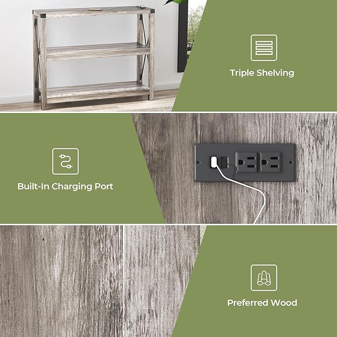 47.2" Entryway Table with Outlets and USB Ports, Console Table with 3-Tier Open Storage Shelves, Wooden Sofa Table with Metal X-Shaped Design for Living Room/Couch/Hallway/Foyer (Wash Gray)-NeatNest