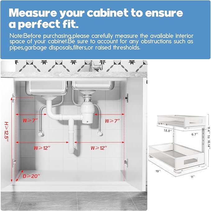 1 Pack 19IN Depth Under Sink Storage Organizer, Large 2-Tier Elegant Mesh Pull Out Shelf for Kitchen and Bathroom Cabinet Organization, L-Shaped and Adjustable Height Design-White-NeatNest