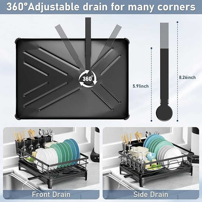 Black Stainless Steel Dish Drying Rack for Kitchen Counter, Space-Saving Dish Drainer with Drainboard, Utensil Holder & Collapsible Design-NeatNest