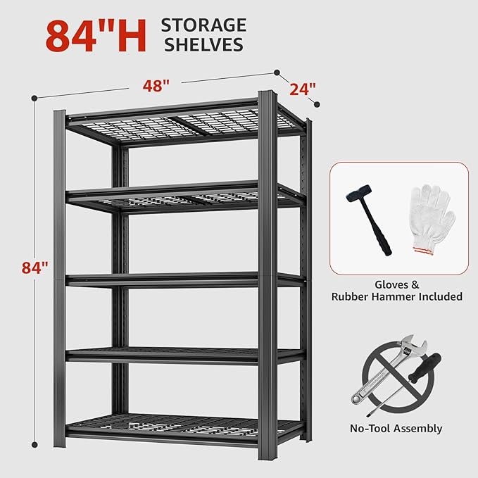 5 Tier Metal Shelving Unit 84" H x 48" W x 24" D, 3000LBS Adjustable Garage Shelves, Heavy Duty Storage Shelves for Warehouse, Basement, Kitchen, Pantry, Living Room, Black-NeatNest