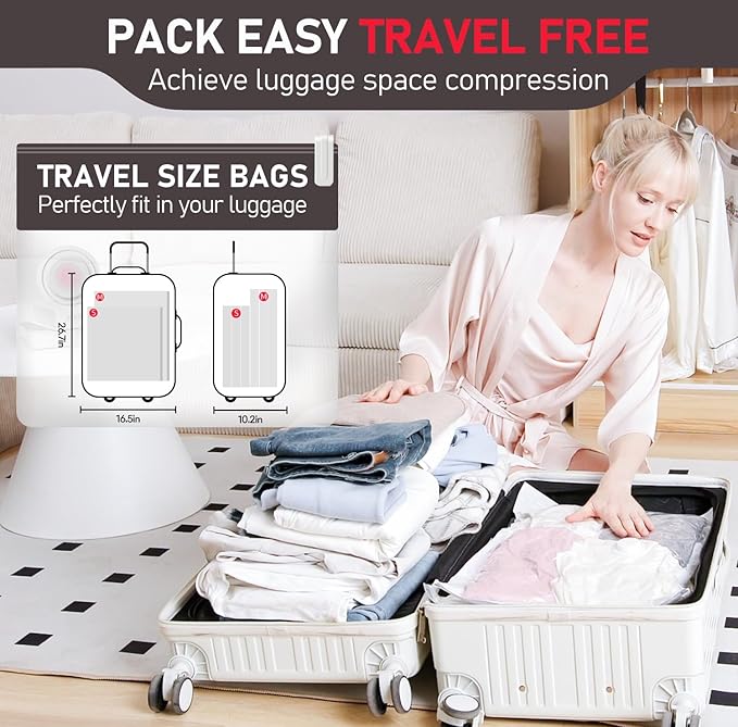 Vacuum Storage Bags for Travel, 8 Pack Vacuum Seal Bags for Clothing Travel, Vacuum Sealer Bags with High Pressure Electric Pump, Portable Space Saver Bags for Luggage Traveling-NeatNest