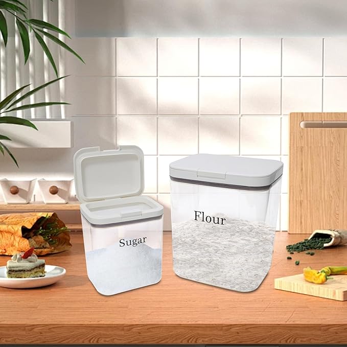Flour Sugar Storage Containers 2 Pc,Airtight Food Containers Storage with One-Press Lid,BPA Free Pantry Organizers Storing with Scoop and Ceasuring Cups for Kitchen,Cereal,Rice,Pasta,Baking Supplies
