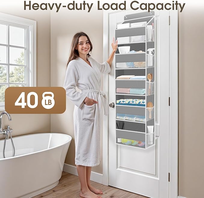 1 Pack Over The Door Organizer, Hanging Storage Organizer with Clear Window, 40lb Ultra Sturdy Large Capacity Room Organizer for Pantry Laundry Bathroom Nursery Closet Baby Essential (Grey)-NeatNest