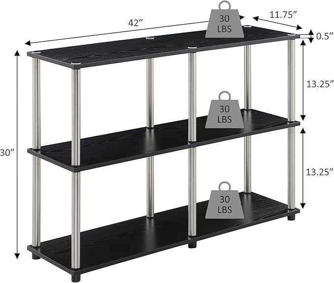 Convenience Concepts Designs2Go No Tools 3 Tier Wide Console Table 42" - Modern Multipurpose Accent with Shelves for TV Media Center, Office Desk Extension, Entryway Display, & Home Storage, Black-NeatNest