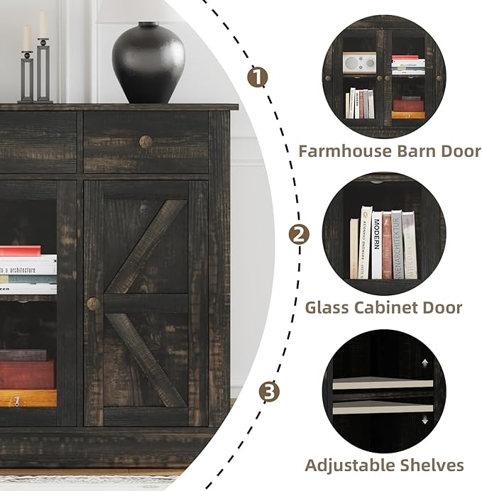 4 EVER WINNER Farmhouse Coffee Bar Cabinet, 55" Buffet Cabinet with Storage, Buffets & Sideboards with Drawers and Glass Doors for Kitchen, Living Room, Rustic Oak-NeatNest