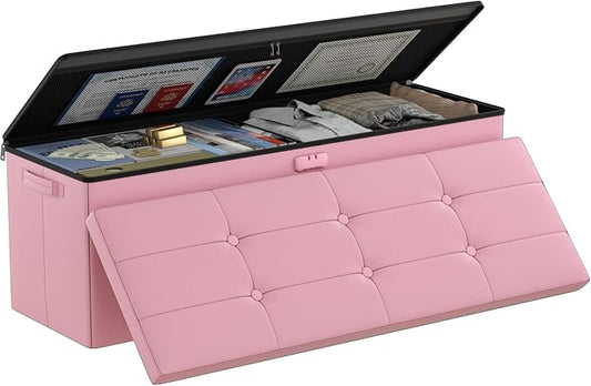DocSafe Storage Ottoman Bench, Fireproof＆Waterproof Folding Bench with Lock(15”x 43”x15”), Leather Storage Chest with Handles＆2 Extra Boxes, Ottoman Safe for Bedroom,Living Room,Home Office, Pink-NeatNest