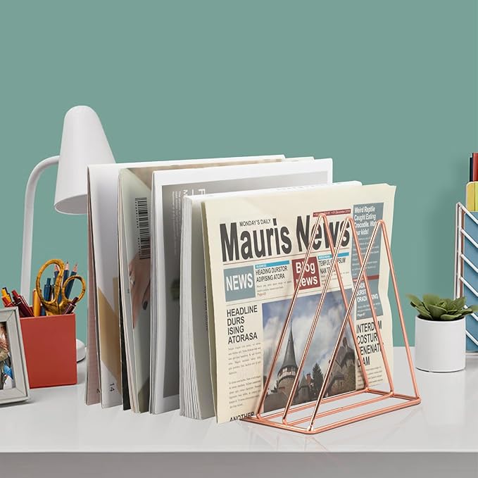 COSYAWN Triangle 7 Slot Vinyl Record Holder, Anti-Rust Metal Magazine Album Display Rack Desktop File Sorter Organizer, Paper Letter Newspaper Storage for Home Office, Rose Gold 2 PACK